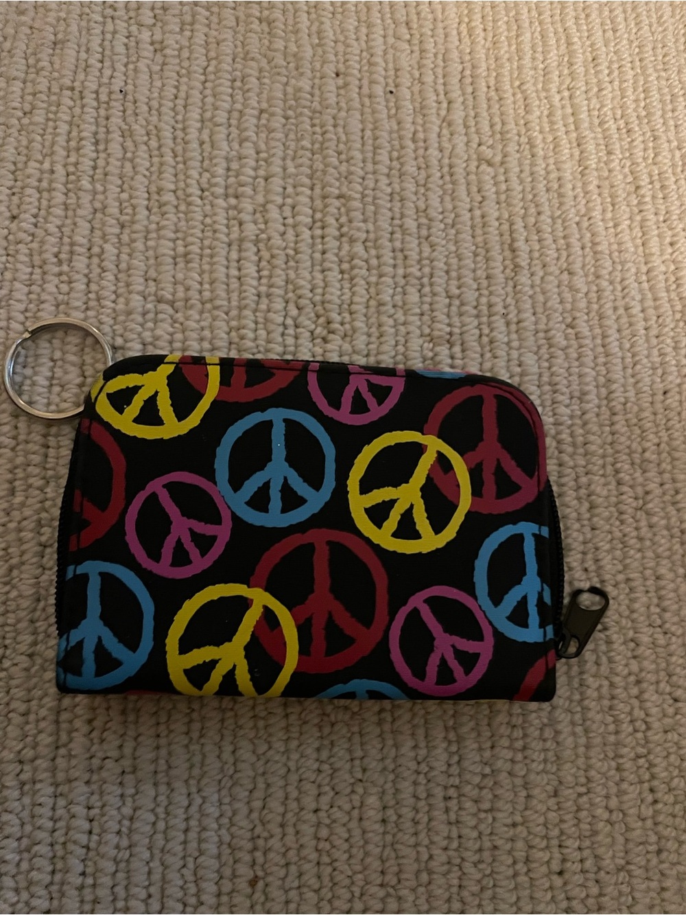 Vintage Peace Sign Zip Wallet Keyring - Multicolor on Black c43